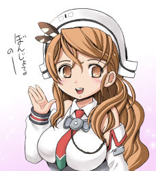 Rule 34 | 10s, 1girl, :d, bare shoulders, blush, breasts, brown eyes, brown hair, detached sleeves, female focus, gradient background, harukigenia, kantai collection, large breasts, littorio (kancolle), long hair, long sleeves, maid headdress, necktie, open mouth, ponytail, smile, solo, translated, upper body, wavy hair