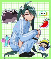 Rule 34 | ..., 2girls, ahoge, bandaid, black footwear, blue sweater, border, bright pupils, chibi, chibi inset, chili pepper, clodsire, closed mouth, clothed pokemon, commentary, creatures (company), earrings, game freak, genjitsu o miro, green border, green hair, heart, highres, jewelry, leg warmers, long hair, maid headdress, multiple girls, nintendo, outside border, pokemon, pokemon (creature), pokemon sv, poppy (pokemon), red eyes, rika (pokemon), shoes, sitting, smile, solid circle eyes, spoken ellipsis, spoken heart, squatting, sweater, swept bangs, symbol-only commentary, track uniform, twintails, white pupils