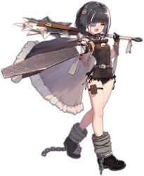 Rule 34 | 1girl, ark order, belt, black cape, black dress, black footwear, black gloves, black hair, black panties, bob cut, boots, cape, chain, circular saw, cuffs, cyclops (ark order), dress, eyepatch, frilled dress, frills, full body, fur-trimmed cape, fur trim, gears, gloves, holding, holding weapon, looking at viewer, official art, panties, pointing, pointing at viewer, pouch, saw, shackles, short hair, sidelocks, solo, tachi-e, thigh pouch, thigh strap, transparent background, underwear, variant set, walking, weapon, you ni ge shaobing