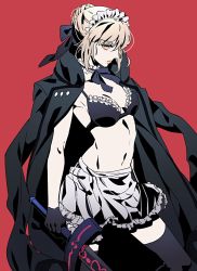 Rule 34 | 1girl, apron, artoria pendragon (all), artoria pendragon (alter swimsuit rider) (second ascension) (fate), artoria pendragon (fate), bikini, black bikini, black gloves, black ribbon, black thighhighs, blonde hair, braid, breasts, closed mouth, coat, commentary request, contrapposto, detached collar, excalibur morgan (fate), fate/grand order, fate (series), frilled bikini, frills, gloves, hair bun, highres, holding, holding sword, holding weapon, jacket, jacket on shoulders, legs apart, looking at viewer, maid, maid apron, maid bikini, medium breasts, navel, neck ribbon, red background, ribbon, saber alter, simple background, single hair bun, solo, standing, swimsuit, sword, tenobe, thighhighs, unconventional maid, waist apron, weapon, yellow eyes
