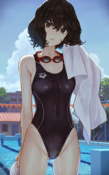 Rule 34 | 1girl, arena (company), arm at side, backlighting, bare arms, bare legs, black hair, black one-piece swimsuit, blue sky, blurry, bob cut, brand name imitation, breasts, brown eyes, building, chain-link fence, cloud, commentary, competition swimsuit, covered navel, cowboy shot, curly hair, day, depth of field, drying, eyelashes, fence, garland (decoration), goggles, goggles around neck, grin, groin, hair between eyes, hand up, head tilt, highleg, highleg swimsuit, highres, holding, holding towel, kaoming, light smile, lips, looking at viewer, medium breasts, one-piece swimsuit, original, outdoors, pool, pool ladder, poolside, red goggles, short hair, sky, smile, solo, string of flags, swimsuit, teeth, towel, tree, tsurime, water, water drop, wet, wet hair, white towel