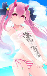 Rule 34 | 1girl, absurdres, bikini, bikini under clothes, black bow, blue sky, bow, breasts, broken horn, closed mouth, clothes writing, cloud, cloudy sky, collarbone, commentary request, covered navel, day, groin, hair between eyes, hair bow, highres, horizon, horns, indie virtual youtuber, kanehira ame, long hair, looking at viewer, navel, ocean, off shoulder, outdoors, pink hair, purple eyes, see-through, shirt, short sleeves, side-tie bikini bottom, sky, small breasts, solo, striped bikini, striped clothes, swimsuit, temari rin, translation request, twintails, very long hair, virtual youtuber, water, wet, wet clothes, wet shirt, white shirt