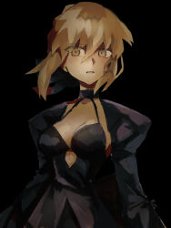 Rule 34 | 1girl, absurdres, artoria pendragon (all), artoria pendragon (fate), azu (acha2223), black background, black dress, black ribbon, blonde hair, breasts, cleavage, commentary, dress, fate (series), hair ribbon, highres, looking at viewer, medium breasts, parted lips, puffy sleeves, ribbon, saber (fate), saber alter, sidelocks, simple background, solo, yellow eyes