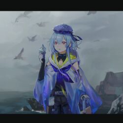 Rule 34 | 1boy, arknights, beret, bird, black border, blue cape, blue hair, blue neckerchief, border, cape, clothing cutout, detached sleeves, hat, highres, holding, holding shell, holding umbrella, hood, hood down, hooded cape, infection monitor (arknights), male focus, mizuki (arknights), nabeno desu, name tag, neckerchief, ocean, outdoors, parted lips, pink hair, seagull, seashell, shell, short hair with long locks, solo, trap, umbrella