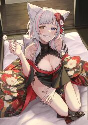 Rule 34 | 1girl, animal ears, black kimono, blue eyes, blush, breasts, cleavage, collarbone, commentary request, commission, floral print, futon, grin, heterochromia, highres, indoors, japanese clothes, kamatsuka, kimono, long hair, medium breasts, mole, mole on breast, multicolored hair, original, pink hair, sitting, skeb commission, smile, solo, streaked hair, virtual youtuber, white hair, wolf ears, wolf girl, wooden floor, yellow eyes