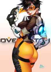 Rule 34 | 10s, 1girl, 2016, ass, bodysuit, brown eyes, brown hair, copyright name, cowboy shot, dated, from behind, goggles, gradient background, grin, gun, hand on own hip, handgun, huge ass, jacket, lips, looking at viewer, looking back, nose, overwatch, overwatch 1, pink background, short hair, signature, skin tight, smile, solo, spiked hair, tracer (overwatch), trigger discipline, weapon, yuanchuang