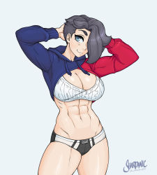 Rule 34 | 1girl, abs, alex moon (shardanic), arms behind head, asymmetrical hair, blue eyes, boxer-chan, breasts, cropped hoodie, drawstring, edie crop hoodie, facing viewer, grey background, grey hair, gym shorts, hair over one eye, hood, hood down, hoodie, large breasts, meme attire, midriff, mixed martial arts, multicolored clothes, muscular, muscular female, navel, pinup (style), shardanic, short hair, shorts, smile, solo, sports bra, standing, thick eyebrows, thick thighs, thighs, undercut, white sports bra