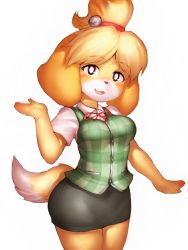 Rule 34 | 1girl, animal crossing, animal ears, arm up, blonde hair, breasts, dog ears, dog girl, dog tail, fumio (rsqkr), furry, furry female, isabelle (animal crossing), long hair, looking at viewer, medium breasts, nintendo, open mouth, simple background, skirt, smile, solo, tail, thighs, white background