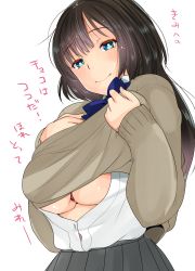Rule 34 | 1girl, between breasts, blue eyes, bra, breasts, brown hair, clothes lift, highres, ichiko (ichi), large breasts, long hair, looking at viewer, original, shirt, shirt lift, smile, solo, sweater, translation request, underboob, underwear, upper body