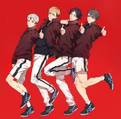 Rule 34 | 4boys, black hair, black shirt, blonde hair, brothers, expressionless, eyebrows, full body, grey hair, grin, haikyuu!!, hand up, height difference, jacket, kita shinsuke, long sleeves, looking at viewer, male focus, miya atsumu, miya osamu, multicolored hair, multiple boys, nokgaknk, open clothes, open jacket, pants, parted lips, red background, shirt, shoes, shorts, siblings, smile, sneakers, standing, standing on one leg, suna rintarou, teeth, thumbs up, track jacket, track pants, twins, two-tone hair