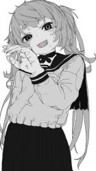 Rule 34 | 1girl, :d, atkm2, bad id, bad tumblr id, bruise, bruise on face, fangs, greyscale, hand up, injury, long hair, looking at viewer, monochrome, open mouth, original, pleated skirt, sailor collar, school uniform, serafuku, shirt, simple background, skirt, smile, solo, twintails, very long hair, white background
