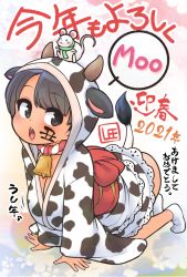 Rule 34 | 1girl, 2021, all fours, animal ears, animal print, artist name, ass, bell, black eyes, black hair, body writing, breasts, chinese zodiac, commentary request, cow ears, cow girl, cow horns, cow print, cow tail, cowbell, drawing on another&#039;s face, ears through headwear, eyes visible through hair, hood, hood up, hooded kimono, horns, japanese clothes, kimono, large breasts, lee (colt), long sleeves, looking at viewer, mouse (animal), neck bell, nengajou, new year, open mouth, original, print kimono, socks, solo, speech bubble, tail, translation request, white socks, wide sleeves, year of the ox, year of the rat