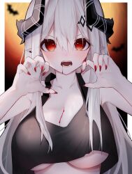 Rule 34 | 1girl, absurdres, arknights, bat (animal), black shirt, blood, blood from mouth, breasts, crop top, crop top overhang, demon horns, fangs, halloween, highres, horns, large breasts, mudrock (arknights), nail polish, open mouth, pointy ears, red eyes, shirt, sleeveless, sleeveless shirt, solo, underboob, upper body, white hair, worimehl