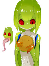 Rule 34 | 1girl, absurdres, burger, colored sclera, colored skin, drooling, female focus, food, frog girl, green hair, green skin, highres, holding, holding food, long tongue, monster girl, multicolored skin, my700, open mouth, original, red sclera, shiny skin, simple background, solo, tongue, white background, white skin