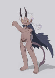 Rule 34 | 1boy, absurdres, beige background, blush, bokustar fox, cape, child, dark-skinned male, dark skin, demon boy, demon tail, fang, full body, fundoshi, highres, horns, japanese clothes, long hair, looking at viewer, male focus, male underwear, navel, original, ponytail, simple background, solo, tail, tattoo, white hair, white male underwear, yellow eyes