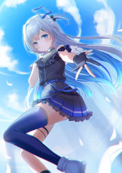 Rule 34 | 1girl, amane kanata, amane kanata (work), bare shoulders, black bow, black gloves, black shirt, black skirt, blue eyes, blue hair, blue sky, blue thighhighs, boots, bow, closed mouth, cloud, commentary request, day, feathers, frilled skirt, frills, gloves, grey hair, hair bow, hair intakes, hair ornament, hairclip, highres, hololive, long hair, multicolored hair, one side up, outdoors, partially fingerless gloves, pleated skirt, segawa luna, shirt, single thighhigh, skirt, sky, smile, solo, thighhighs, thighhighs under boots, two-tone hair, very long hair, virtual youtuber, white feathers, white footwear