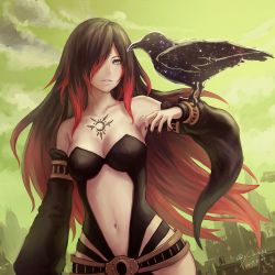 Rule 34 | 1girl, anbe yoshirou, animal on arm, arm at side, armpits, bare shoulders, belt, bird, bird on arm, black detached sleeves, black hair, black nails, blue eyes, breasts, building, city, cityscape, cleavage, cloud, collarbone, cowboy shot, crow, crow (gravity daze), detached sleeves, gradient hair, gravity daze, green sky, hair over one eye, hand up, highres, large breasts, long hair, long sleeves, multicolored hair, nail polish, navel, neck, outdoors, parted lips, red hair, revealing clothes, sky, solo, standing, stomach, strapless, two-tone hair, very long hair, xii (gravity daze)