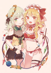 Rule 34 | 2girls, :d, ;), adapted costume, bare shoulders, beige background, black bloomers, black ribbon, blonde hair, bloomers, blush, bow, bra, breasts, bridal garter, cleavage, clothing cutout, collar, commentary request, cowboy shot, cropped legs, crystal, eyebrows hidden by hair, fang, flandre scarlet, flower, frilled collar, frilled hairband, frills, green eyes, green hair, hair bow, hair ribbon, hairband, head wreath, komeiji koishi, lolita hairband, long hair, looking at viewer, medium breasts, mozukuzu (manukedori), multiple girls, navel, no headwear, one eye closed, one side up, open mouth, panties, red bow, red bra, red eyes, ribbon, rose, shoulder cutout, smile, standing, stomach, thigh strap, thighs, third eye, touhou, underwear, white panties, wings, wrist cuffs, yellow flower, yellow rose