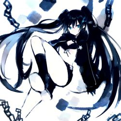 Rule 34 | 10s, 1girl, bad id, bad tumblr id, belt, black footwear, black gloves, black hair, black jacket, black socks, black rock shooter, black rock shooter (character), black shorts, blue eyes, breasts, buckle, cleavage, colored skin, cube, expressionless, gloves, glowing, glowing eye, hair between eyes, hatsune miku, jacket, kneehighs, long hair, long sleeves, looking at viewer, lpip, midriff, open clothes, open jacket, project diva (series), project diva f, shoe soles, shoes, short shorts, shorts, simple background, small breasts, socks, solo, star (symbol), twintails, very long hair, vocaloid, white background, white skin