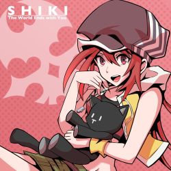 Rule 34 | 1girl, cabbie hat, character name, female focus, hand on own chin, hat, highres, holding, holding stuffed toy, jacket, jewelry, long hair, looking at viewer, miniskirt, misaki shiki, necklace, nyantan, open mouth, red eyes, red hair, skirt, skull, sleeveless, sleeveless jacket, smile, solo, stuffed animal, stuffed cat, stuffed toy, subarashiki kono sekai, upper body, wristband, yellow jacket