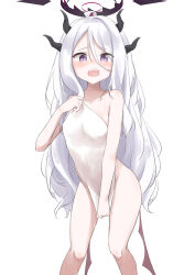 Rule 34 | 1girl, :o, absurdres, ahoge, alternate costume, ass, blue archive, blush, collarbone, commentary request, covering privates, demon girl, demon horns, demon wings, embarrassed, groin, hair between eyes, halo, highres, hina (blue archive), holding, holding towel, horns, leaning forward, long hair, looking at viewer, naked towel, parted bangs, purple eyes, sidelocks, simple background, sleeveless, solo, surprised, tomakecha, towel, wet, white background, white hair, white towel, wings