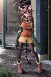 Rule 34 | 1girl, ahoge, animal ears, ankle boots, black pantyhose, boots, breasts, brown footwear, brown hair, cat ears, cat girl, cat tail, coat, female focus, hands in pockets, huge ahoge, large breasts, long sleeves, looking at viewer, open clothes, open coat, original, pantyhose, purple hair, red eyes, scarf, shorts, snowing, solo, sweater, tail, winter clothes, yagatake arashi (nekoarashi), yana (nekoarashi)