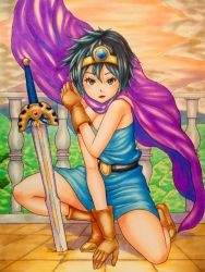 Rule 34 | 1girl, bad id, bad pixiv id, belt, black hair, blue eyes, boots, breasts, cape, chunsoft, circlet, cleavage, dragon quest, dragon quest iii, dress, enix, gloves, kami musume, kneeling, roto (dq3), short hair, strapless, strapless dress, sword, weapon
