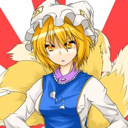 Rule 34 | 1girl, animal ears, blonde hair, fox ears, il postino, looking at viewer, open mouth, solo, tail, touhou, yakumo ran, yellow eyes