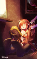 Rule 34 | 1girl, against wall, ahoge, black legwear, blanket, blush, bridal gauntlets, copyright name, drooling, english text, closed eyes, feet, fingerless gloves, gloves, hair ornament, hairclip, holding, hourglass, indoors, long hair, mvv, on floor, open mouth, orange hair, picture frame, pixiv fantasia, pixiv fantasia fallen kings, pointy ears, red gloves, ribbon, saliva, shadow, sitting, sleeping, solo focus, staff, very long hair, window, windowsill