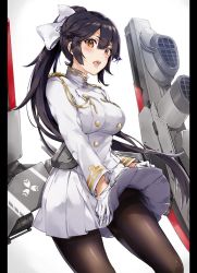 Rule 34 | 1girl, aiguillette, arisaka ako, azur lane, black hair, black pantyhose, bow, breasts, commentary request, dress, gloves, hair bow, high ponytail, large breasts, long hair, long sleeves, looking at viewer, military, military uniform, miniskirt, open mouth, pantyhose, pleated skirt, ponytail, sidelocks, simple background, skirt, solo, takao (azur lane), teeth, thighband pantyhose, uniform, very long hair, white bow, white dress, yellow eyes