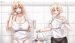 Rule 34 | 3girls, aoi (buzhuen444), bare shoulders, bathroom, blonde hair, blue eyes, breasts, brushing teeth, cleavage, collarbone, cup, des moines (warship girls r), green eyes, hair between eyes, hand on another&#039;s head, highres, holding, holding toothbrush, huge breasts, large breasts, long hair, messy hair, mug, multiple girls, newport news (warship girls r), off shoulder, panties, red eyes, salem (warship girls r), shirt, short sleeves, silver hair, size difference, sleeveless, tank top, grid background, tile wall, tiles, toothbrush, toothbrush in mouth, toothpaste, underwear, underwear only, warship girls r, white panties, white shirt
