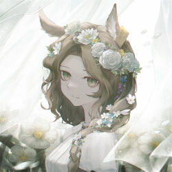 Rule 34 | 1girl, absurdres, animal ears, brown hair, deer ears, deer girl, ear tag, flower, flower wreath, from side, green eyes, hair over shoulder, head wreath, highres, jessica (reverse:1999), long hair, looking at viewer, portrait, reverse:1999, shirt, smile, solo, tocty, white background, white flower, white shirt