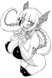 Rule 34 | 1girl, bob cut, bottomless, breasts, cropped legs, dragon horns, dragon tail, fingernails, greyscale, highres, horns, jewelry, large breasts, looking at viewer, miitoban, monochrome, necklace, original, pointy ears, saliva, sharp fingernails, short hair, simple background, slit pupils, smile, solo, spiked horns, tail, thighhighs, tongue, tongue out, white background