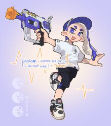 Rule 34 | 1girl, :d, absurdres, baseball cap, black leggings, black shorts, blue eyes, blue hair, blue hat, commentary, commission, full body, gradient background, gun, hat, highres, holding, holding gun, holding weapon, inkling, inkling girl, inkling player character, leggings, leggings under shorts, long hair, nintendo, open mouth, pholooo, pointy ears, print shirt, purple background, rapid blaster pro (splatoon), shirt, shoes, shorts, simple background, smile, solo, splatoon (series), tentacle hair, thick eyebrows, weapon, white shirt