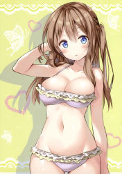 Rule 34 | &gt;:&lt;, 1girl, :&lt;, absurdres, arm at side, arm up, bare shoulders, bikini, blue eyes, blush, breasts, brown hair, bug, butterfly, cleavage, closed mouth, collarbone, cowboy shot, frilled bikini, frills, hair ornament, hand in own hair, head tilt, heart, highres, insect, large breasts, purple bikini, long hair, looking at viewer, navel, one side up, purple bikini, riichu, scan, shade, solo, standing, stomach, straight hair, swimsuit, tareme, thigh gap, underwear, v-shaped eyebrows, x hair ornament