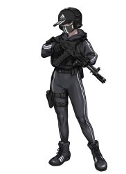 Rule 34 | 1girl, adidas, ak-12, armor, assault rifle, baseball cap, black mask, boots, bow, bulletproof vest, cross-laced footwear, ear protection, full body, green eyes, gun, handgun, hat, highres, holding, holding gun, holding weapon, holster, jacket, kalashnikov rifle, korean commentary, lace-up boots, looking at viewer, mask, mouth mask, original, pants, rifle, short hair, simple background, solo, striped bow, striped clothes, striped jacket, striped pants, suddm, thigh holster, tight clothes, tight pants, track jacket, trigger discipline, variant set, weapon, white background