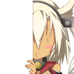Rule 34 | 10s, 1girl, 3 3, bandages, blush stickers, dark skin, dark-skinned female, hairband, kantai collection, looking at viewer, musashi (kancolle), nagineko, peeking out, pointy hair, silver hair, solo, transparent background