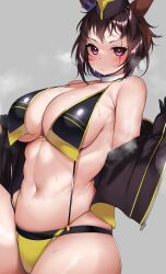 Rule 34 | 1girl, absurdres, animal ears, bare shoulders, bikini, black bikini, black gloves, blush, breasts, brown hair, byerley turk (umamusume), cleavage, closed mouth, collar, collarbone, commentary request, commission, ear ornament, garrison cap, gloves, hat, highres, horse ears, horse girl, jacket, kshimu, large breasts, looking at viewer, mismatched bikini, navel, off shoulder, open clothes, open jacket, scar, scar across eye, short hair, sidelocks, simple background, skeb commission, skindentation, solo, steaming body, stomach, suspenders, sweat, swimsuit, umamusume, white collar, yellow bikini, yellow hat, yellow jacket