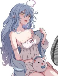 Rule 34 | 1girl, ahoge, bare legs, barefoot, blue hair, blue jacket, breasts, camisole, cleavage, commentary, electric fan, eternaltanbo, foot out of frame, frilled camisole, frills, hair between eyes, heart, heart ahoge, highres, hololive, hot, jacket, light blue hair, long hair, medium breasts, midriff, miniskirt, multicolored hair, off shoulder, official alternate costume, open clothes, open jacket, open mouth, pink hair, pointy ears, polka dot, polka dot camisole, polka dot skirt, simple background, sitting, skirt, sleepwear, solo, strap slip, sweat, two-tone hair, virtual youtuber, wariza, white background, white camisole, white skirt, yellow eyes, yukihana lamy, yukihana lamy (loungewear), yukimin (yukihana lamy)