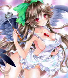 Rule 34 | 1girl, apron, at classics, blush, bow, breasts, brown hair, cleavage, hair bow, large breasts, long hair, naked apron, red eyes, reiuji utsuho, solo, third eye, touhou, wings