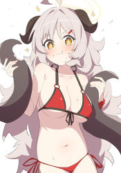 Rule 34 | + +, 1girl, bare shoulders, belt, bikini, blue archive, breasts, cleavage, closed mouth, collarbone, cowboy shot, eating, food, food on face, grey hair, hair ornament, hairclip, halo, highres, horns, izumi (blue archive), izumi (swimsuit) (blue archive), large breasts, long hair, looking at viewer, navel, o-ring, o-ring belt, red bikini, scrunchie, side-tie bikini bottom, smile, solo, sparkle, supershiruco, swimsuit, wet, wrist scrunchie, yellow eyes