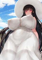 Rule 34 | 1girl, 2channel, arms at sides, bare shoulders, black hair, black thighhighs, blush, breasts, button gap, cloud, covered erect nipples, cream cod, curvy, dress, from below, hasshaku-sama, hat, highres, huge breasts, large areolae, long dress, long hair, looking at viewer, looking down, mature female, mole, mole under eye, narrow waist, nipples, no bra, outdoors, pink eyes, plump, pussy juice stain, sash, see-through, see-through dress, skin tight, sky, sleeveless, sleeveless dress, smile, solo, sun hat, sundress, taut clothes, thighhighs, very long hair, wet, wet clothes, white dress, white hat, wide hips