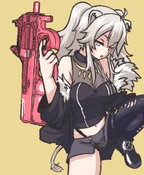 Rule 34 | 1girl, :o, animal ears, black footwear, black jacket, black pantyhose, bullpup, chained tan, cleavage, ear piercing, grey skirt, gun, half-closed eyes, holding, holding gun, holding weapon, hololive, jacket, lion ears, lion girl, lion tail, looking to the side, navel, o-ring, o-ring thigh strap, open mouth, p-chan (p90), p90, pantyhose, personal defense weapon, piercing, see-through, see-through cleavage, shishiro botan, shishiro botan (1st costume), single leg pantyhose, skirt, solo, submachine gun, sword art online, sword art online alternative: gun gale online, tail, thigh strap, torn clothes, torn pantyhose, twintails, virtual youtuber, weapon