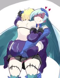 Rule 34 | 2girls, ass, ass grab, blonde hair, blue hair, brynhildr (fate), character request, closed mouth, fate/grand order, fate (series), gloves, hand on another&#039;s head, highres, jeanne d&#039;arc alter (avenger) (fate), jeanne d&#039;arc alter (fate), long hair, multiple girls, short hair, shousetsu, simple background, smile, thighhighs, tongue, tongue out, white background, yuri