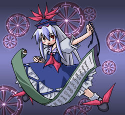 Rule 34 | 1girl, black footwear, blue hair, blush stickers, clenched hand, female focus, frilled skirt, frills, full body, hat, kamishirasawa keine, kugelschreiber, long hair, looking at viewer, multicolored hair, open mouth, outstretched arm, puffy short sleeves, puffy sleeves, red eyes, scroll, shoes, short sleeves, simple background, skirt, socks, solo, standing, touhou, white hair, white socks
