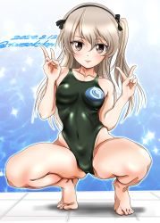 Rule 34 | 1girl, absurdres, barefoot, black hairband, black one-piece swimsuit, blue background, breasts, brown eyes, caustics, dated, double v, girls und panzer, gradient background, hair between eyes, hairband, highleg, highleg swimsuit, highres, light brown hair, logo, long hair, looking at viewer, narrow waist, one-piece swimsuit, one side up, parted bangs, shimada arisu, skin tight, small breasts, solo, sparkle background, spread legs, squatting, swimsuit, thighs, tomokoji, twitter username, v, wide hips