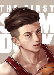 Rule 34 | 1boy, ball, basketball, basketball (object), basketball jersey, basketball uniform, blueship4985, brown eyes, brown hair, copyright name, english text, grin, highres, holding, holding ball, korean commentary, looking at viewer, male focus, miyagi ryouta, parted lips, pompadour, portrait, shirt, short hair, simple background, slam dunk (series), sleeveless, smile, solo, sportswear, sweat, undercut