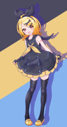 Rule 34 | 1girl, bare arms, black background, black bow, black dress, black gloves, black sailor collar, black thighhighs, blonde hair, blue background, bow, dress, drop shadow, fingerless gloves, frilled dress, frills, full body, gloves, hair bow, hair ornament, hairclip, halftone, highres, kagamine rin, leaning forward, mikumikudance, multicolored background, neckerchief, open mouth, red eyes, sailor collar, short hair, shoulder tattoo, sleeveless, sleeveless dress, slippers, smile, solo, sour model (mikumikudance), standing, tattoo, thighhighs, treble clef, vocaloid, yellow background, yellow footwear, yellow neckerchief, yukihane (snowowl515), zettai ryouiki