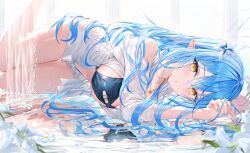 Rule 34 | 1girl, ahoge, bare shoulders, bikini, black bikini, blonde hair, blue hair, blush, breasts, column, commentary request, flower, hair flower, hair ornament, highres, hololive, in water, jewelry, large breasts, long hair, looking at viewer, lying, nail polish, necklace, parted lips, pillar, pointy ears, rin yuu, shirt, sideboob, swimsuit, thighs, very long hair, virtual youtuber, water, white shirt, yukihana lamy