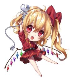Rule 34 | 1girl, :o, \m/, adapted costume, adapted object, ahoge, arm up, armband, belt, blonde hair, blush, bow, chibi, crystal, dress, flandre scarlet, full body, hair bow, highres, holding, kyouda suzuka, laevatein, looking at viewer, no headwear, no headwear, red bow, red dress, red eyes, red footwear, round teeth, screwdriver, shoes, short sleeves, side ponytail, simple background, solo, teeth, touhou, white background, wing collar, wings